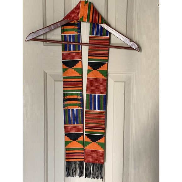 Kente African Stole Cloth Fabric Bright Colorful w/ Fringes 51 Inches Long - Picture 4 of 4